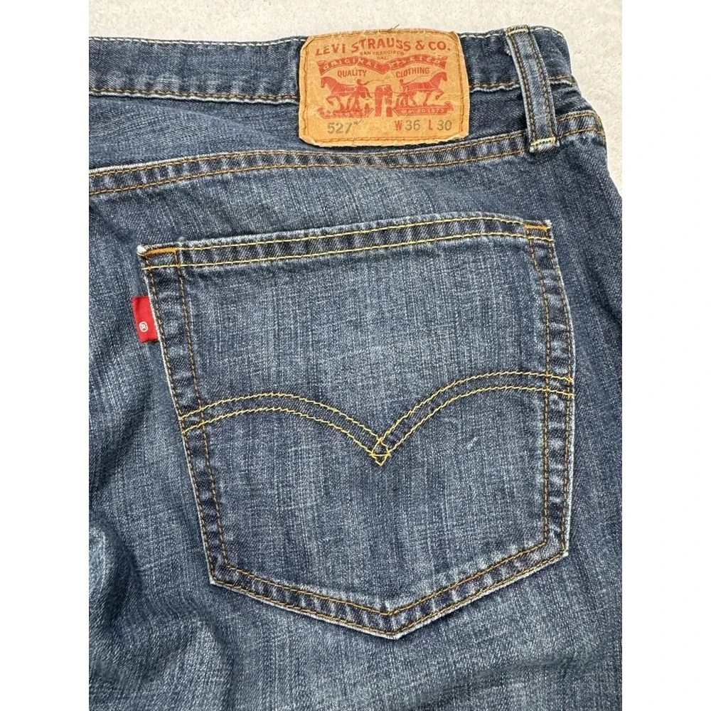 Levis 527 Jeans Men 36x30 Blue Slim Boot Distressed Whisker Denim Cowboy Western